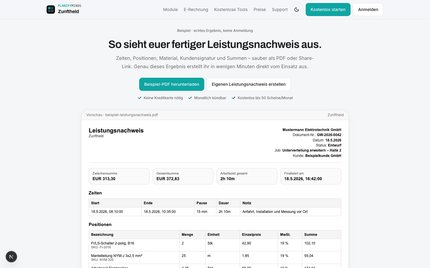 Screenshot: Leistungsnachweis